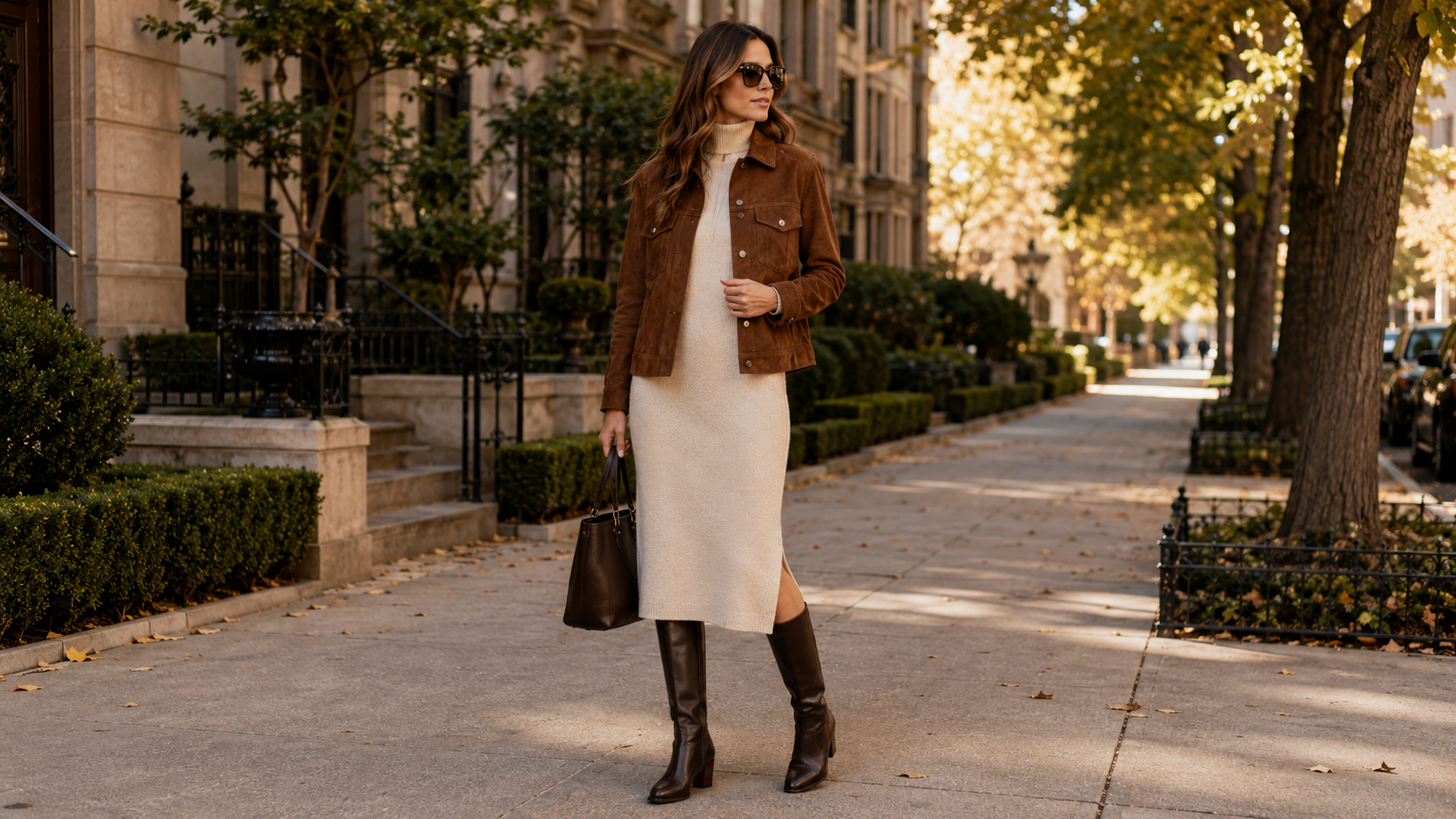 Toffee Suede Jacket with Cream Cashmere Knit Dress and Tall Riding Boots Fall Outfit